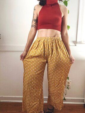 Polka Dot Mustard Yellow Wide-Leg Elastic Waist Pants Lightweight XS S Flowy Boh